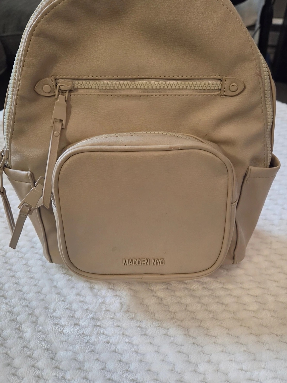 Madden NYC Beige Mini Backpack Faux Leather Logo Straps